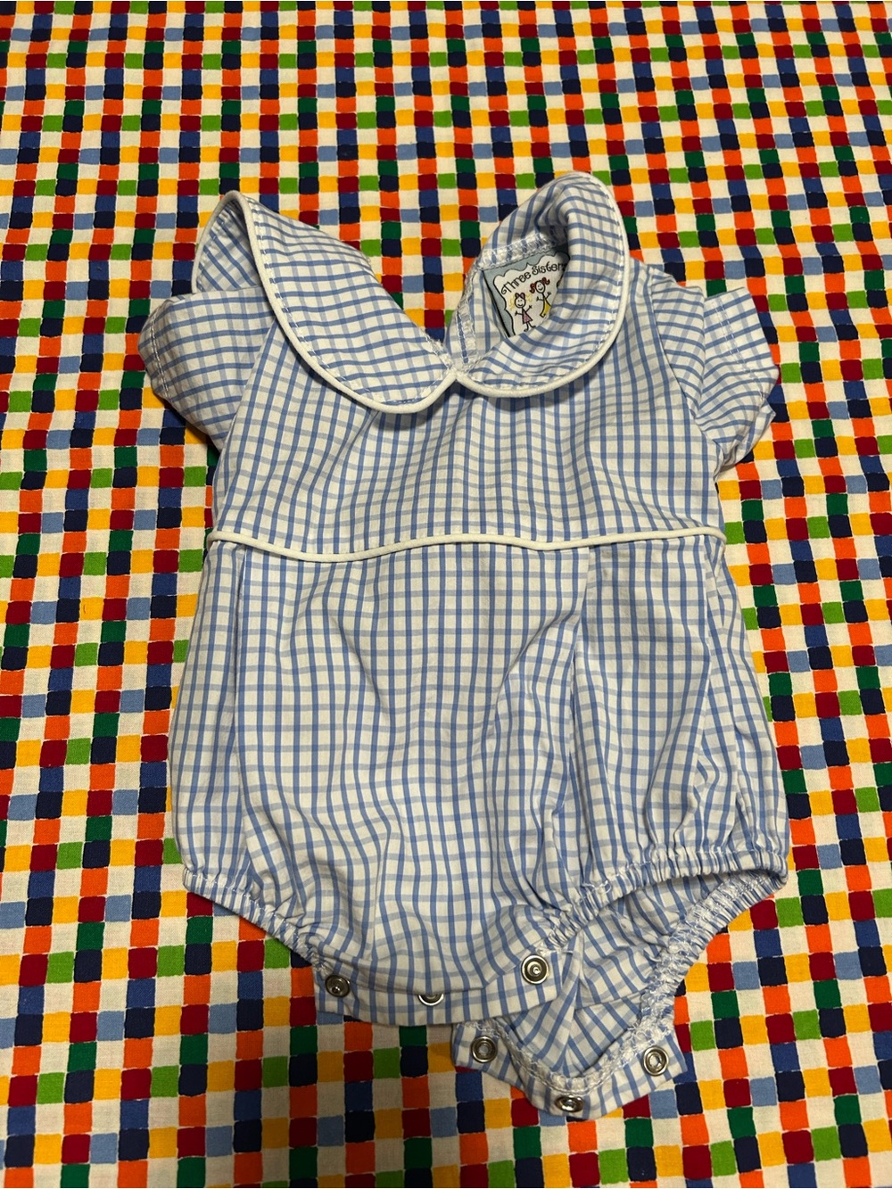 Three sisters Blue Gingham Baby Bubble Romper with Peter Pan Collar NB